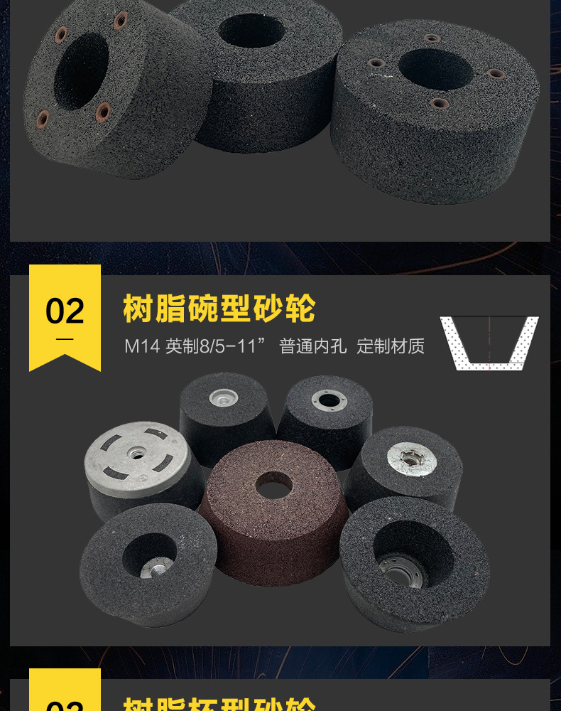 A 棕刚玉Brown aluminum oxide WA 白刚玉White aluminum oxidePA 铬刚玉 Pink aluminum oxide SA 单晶刚玉 Mo<i></i>nocrystalline fused aluminaMA 微晶刚玉 microcrystalline fused alumina A/WA 棕白混合磨料Mixture of A and WAGC绿碳化硅 Green silicon carbide C 黑碳化硅 Black silicon carbide ZA 锆刚玉 Fused zirco<i></i>nia alumina直径60mm80mm100mm125mm150mm175mm180mm200mm250mm300mm350mm400mm500mm600mm750mm900mm1寸2寸3寸4寸5寸6寸7寸8寸9寸10寸12寸14寸16寸18寸20寸24寸26寸28寸 硬度JKLMNPQRST 厚度：3.2mm6.4mm10mm13mm16mm20mm25mm32mm40mm50mm65mm75mm100mm125mm150mm200mm 孔径：12.7mm16mm20mm25mm32mm31.75mm50mm75mm127mm150.4mm203mm305mm粒度：16# 24# 46# 60# 80# 100# 120# 150# 180# 220# 320# 400# 600# 800# 1000# 砂轮 磨砂轮 磨刀器砂轮 磨刀砂轮 合金砂轮 磨床砂轮抛光小打磨氧化铝平面磨床台式立式悬挂式砂轮机钨钢砂轮片定制磨边机磨刀轮研磨大大气孔磨盘青铜 沙轮 磨料磨具 vitrified grinding wheel 大理石地面石头金属抛光打磨  M14螺母和英制螺丝5/8-11”110mm 22mm 树脂碗型砂轮 树脂杯型砂轮