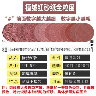 红砂4寸5寸植绒砂纸气磨圆形木工金属抛光打磨砂纸背绒自粘沙纸片图3