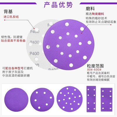 6寸17孔背绒紫砂纸片 汽车腻子打磨干磨气磨沙纸圆盘植 绒砂纸厂家图3
